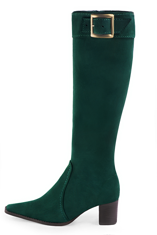 Forest green women's feminine knee-high boots. Tapered toe. Medium block heels. Made to measure. Profile view - Florence KOOIJMAN